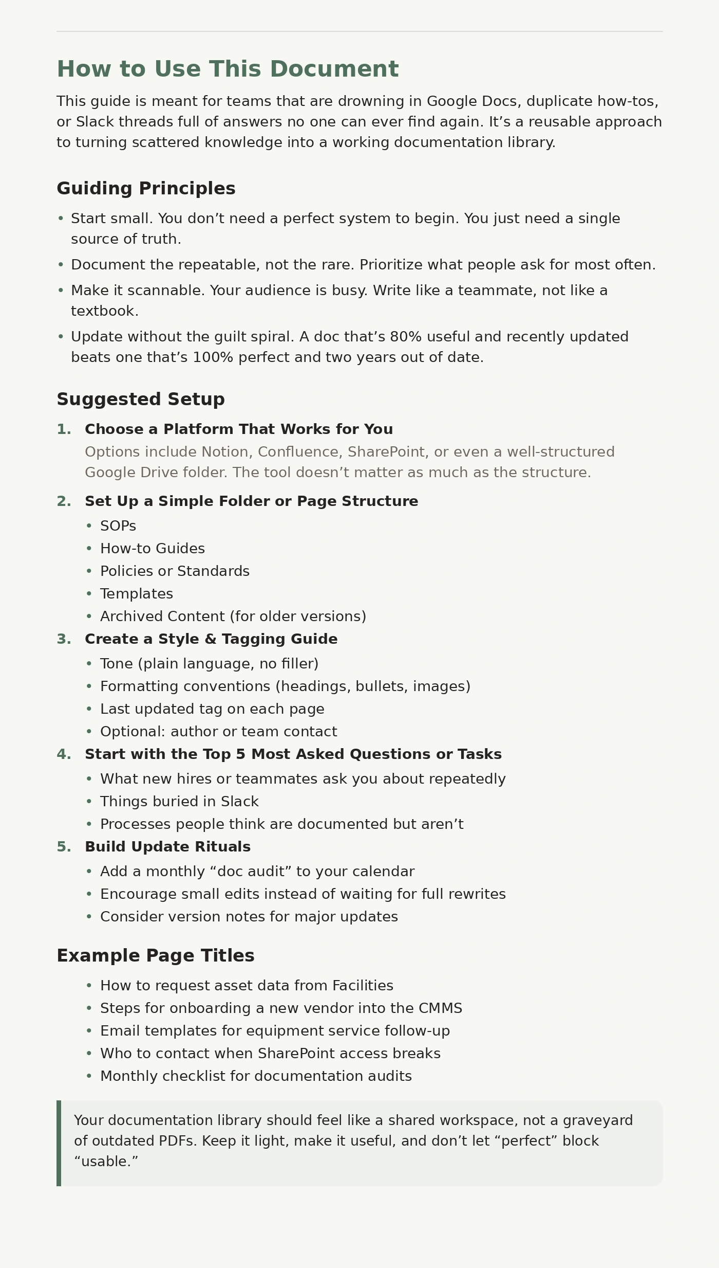 Preview of the guide to maintaining documentation on a small team