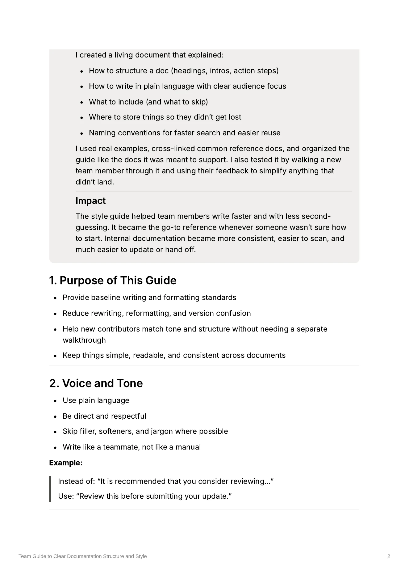 Preview of the team documentation structure and style guide