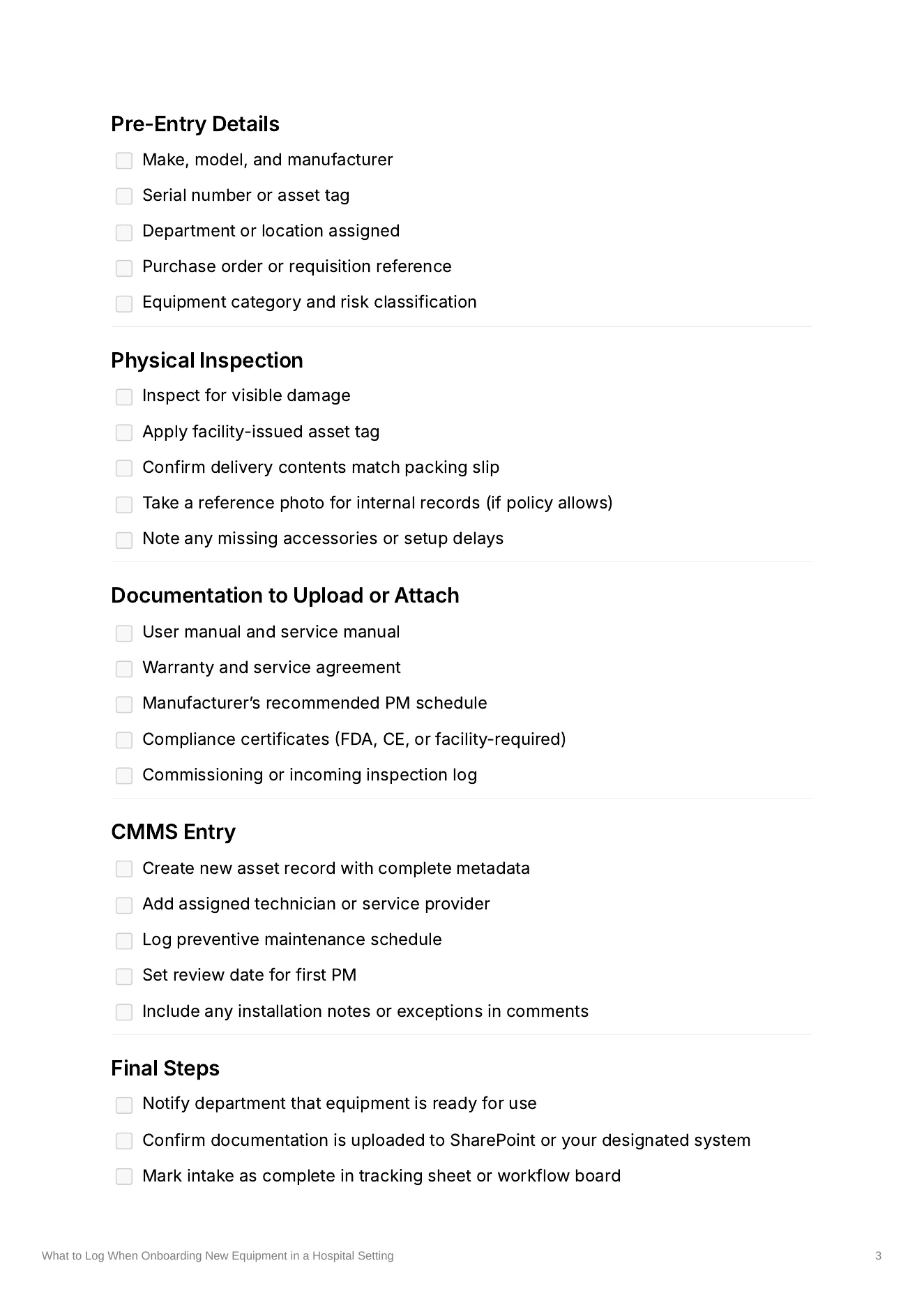 Preview of the medical equipment onboarding checklist