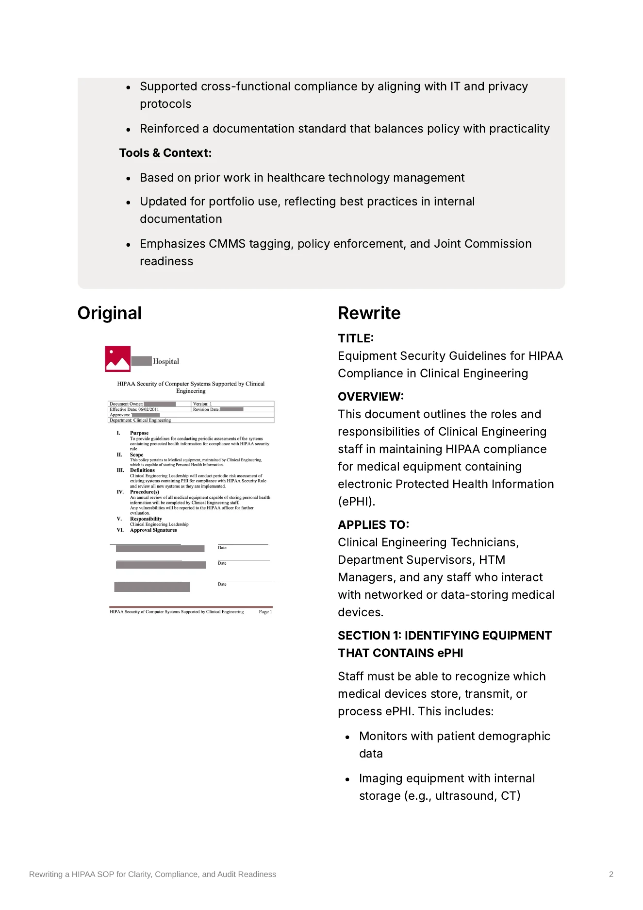 Original and rewritten HIPAA SOP for clinical engineering