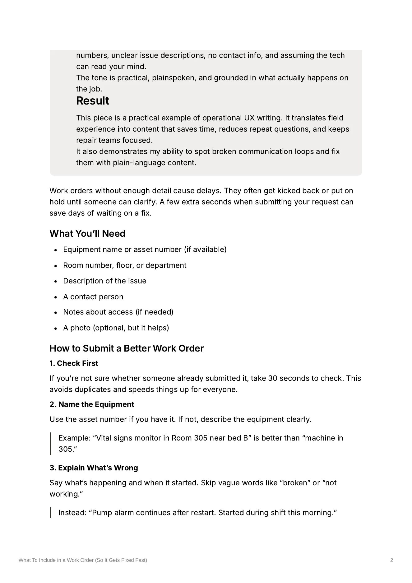 Preview of the work order documentation guide